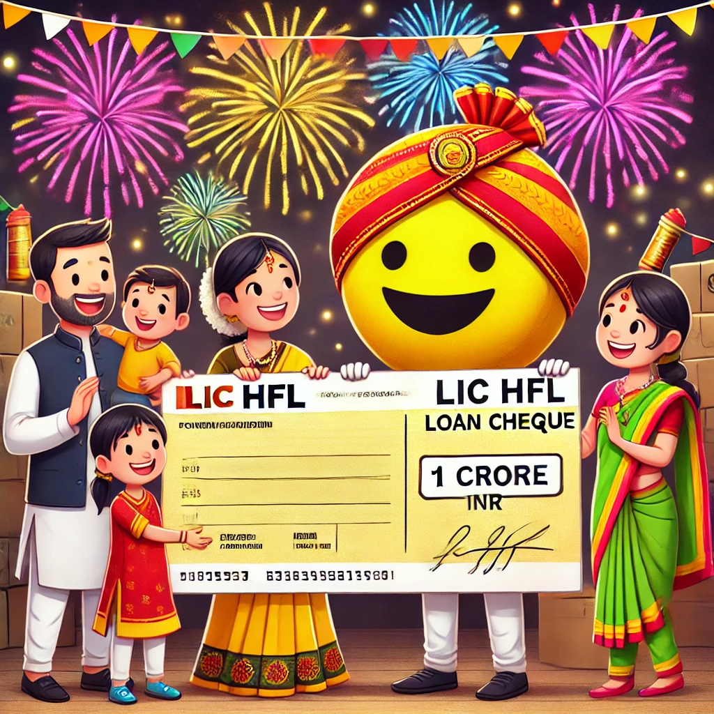 happy and festive scene where an Indian family is receiving a large loan cheque from a smiling, yellow-colored personified bank. The cheque has 'LIC